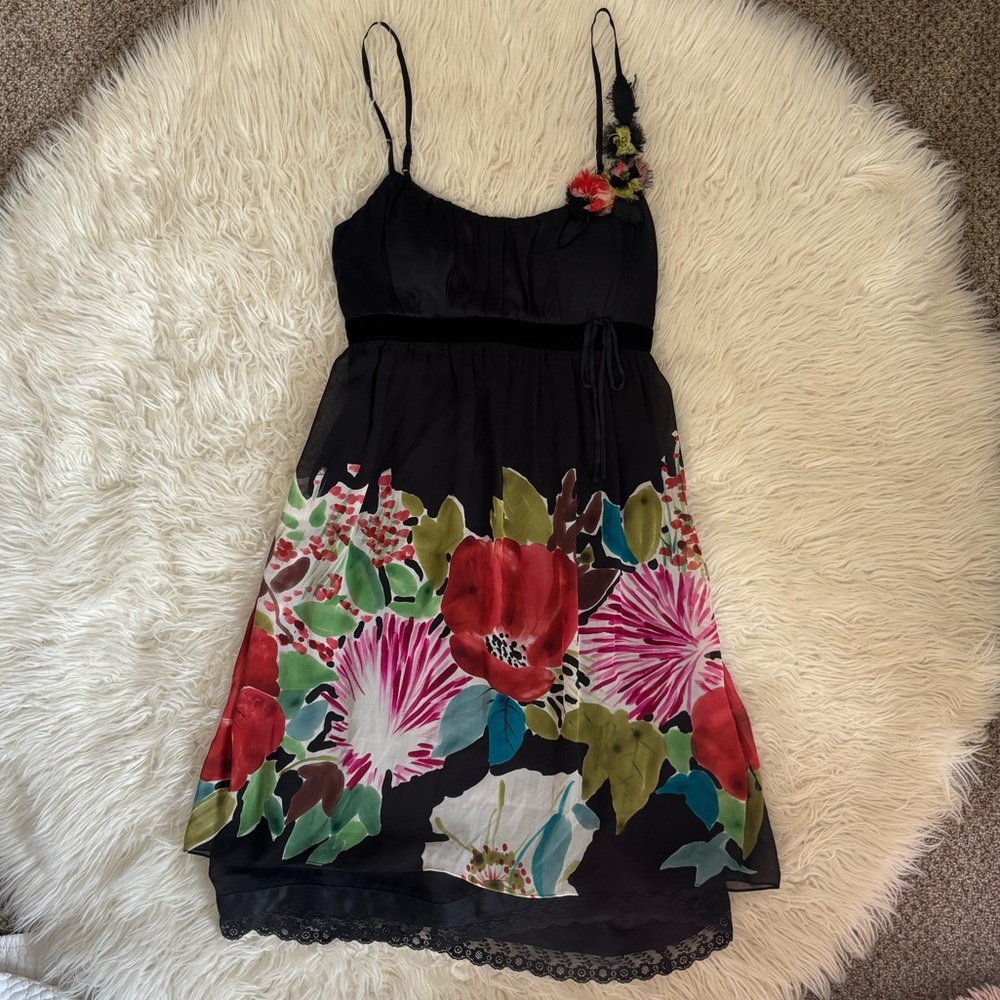 Rare Vintage 100% Silk Sue Wong Floral Babydoll Dress